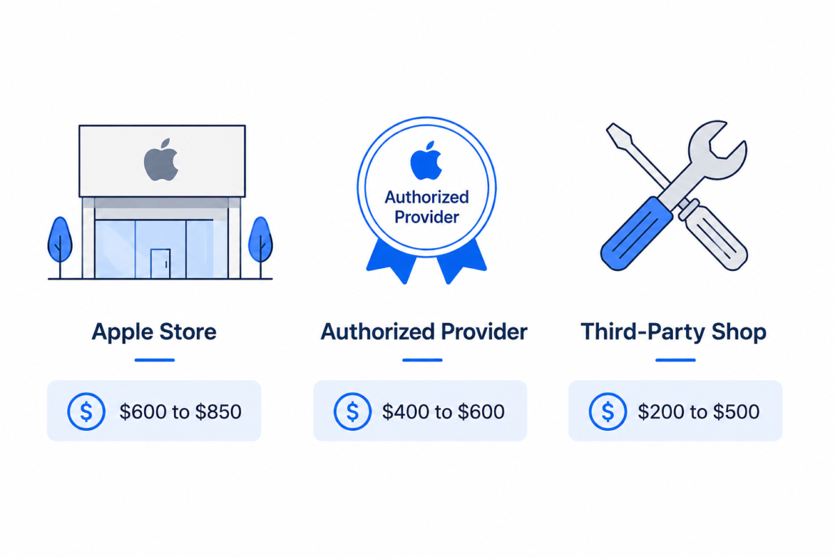 mac repair cost comparison showing Apple Store vs authorized provider vs third-party shop prices