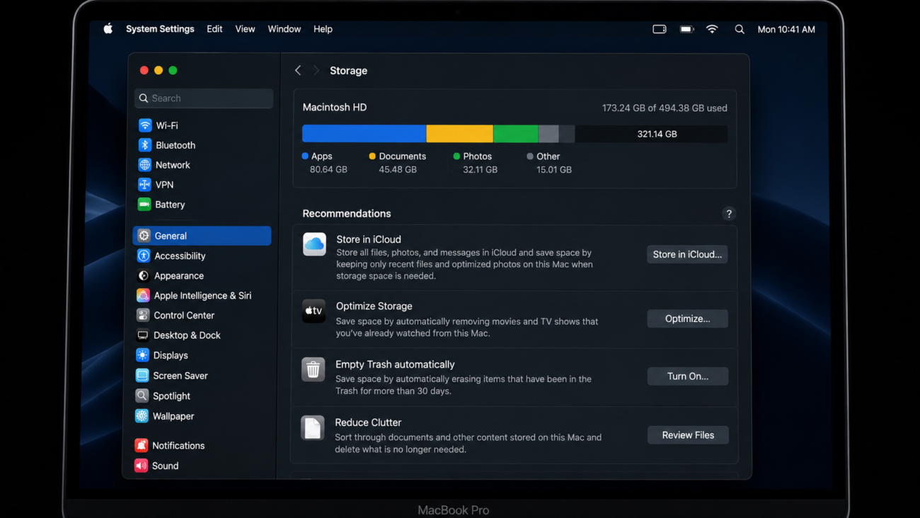 macOS Sequoia Storage Management screen showing storage categories on MacBook
