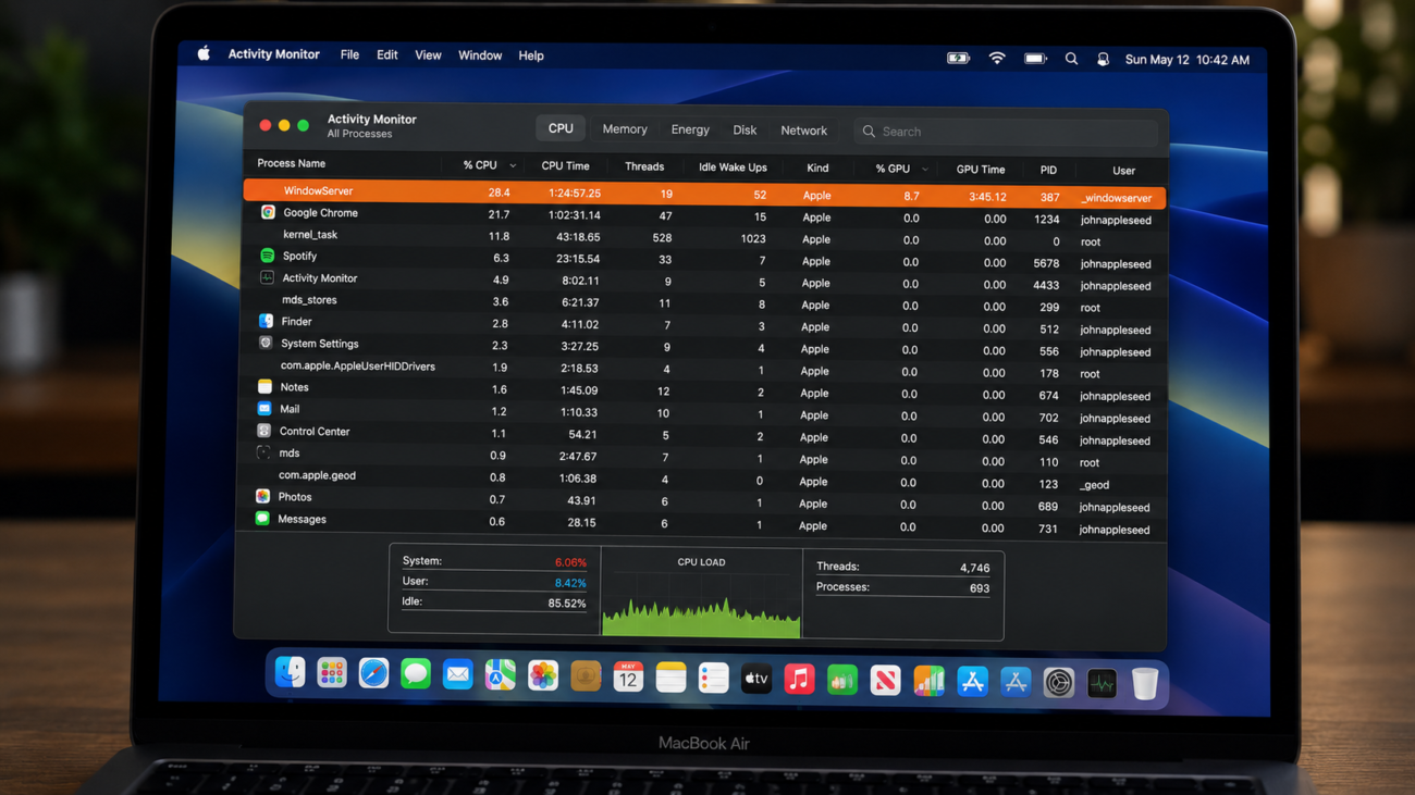 MacBook screen showing Activity Monitor CPU tab with one high-usage app row highlighted