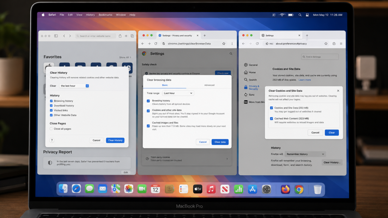 MacBook screen showing Safari, Chrome, and Firefox browser cache clearing dialog boxes open side by side