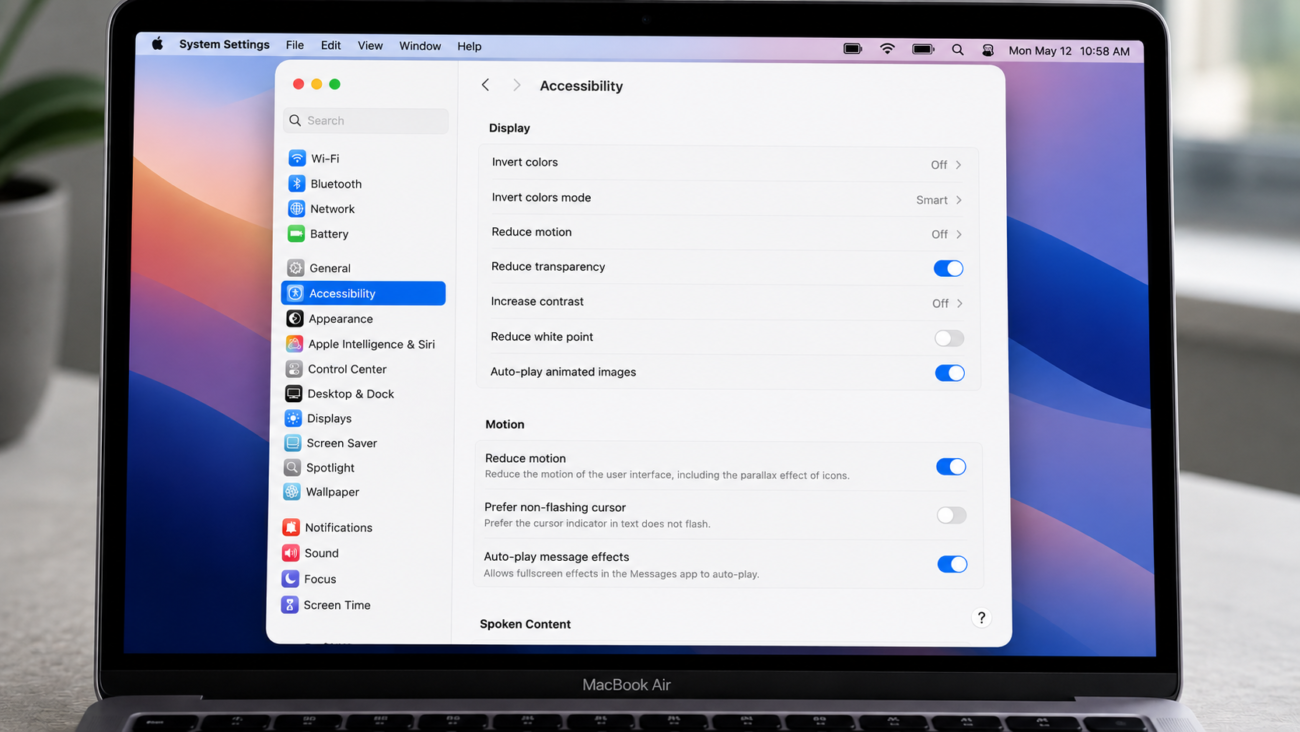 MacBook screen showing macOS Accessibility settings with Reduce Motion and Reduce Transparency toggled on