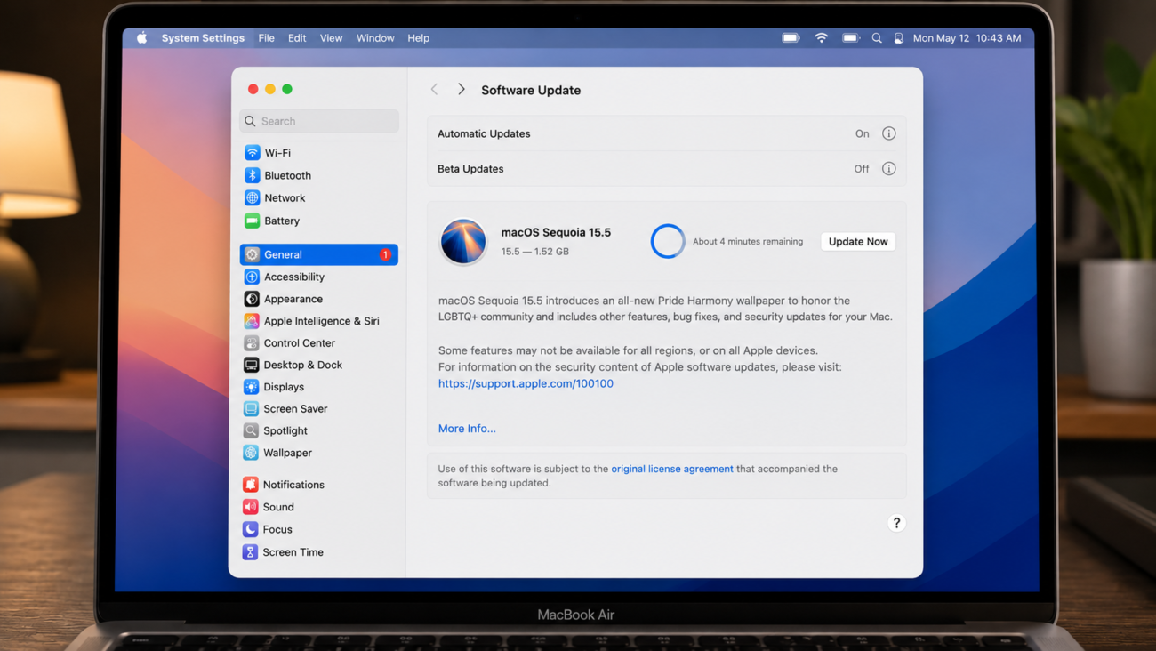 MacBook screen showing macOS System Settings Software Update page with a pending update and blue button