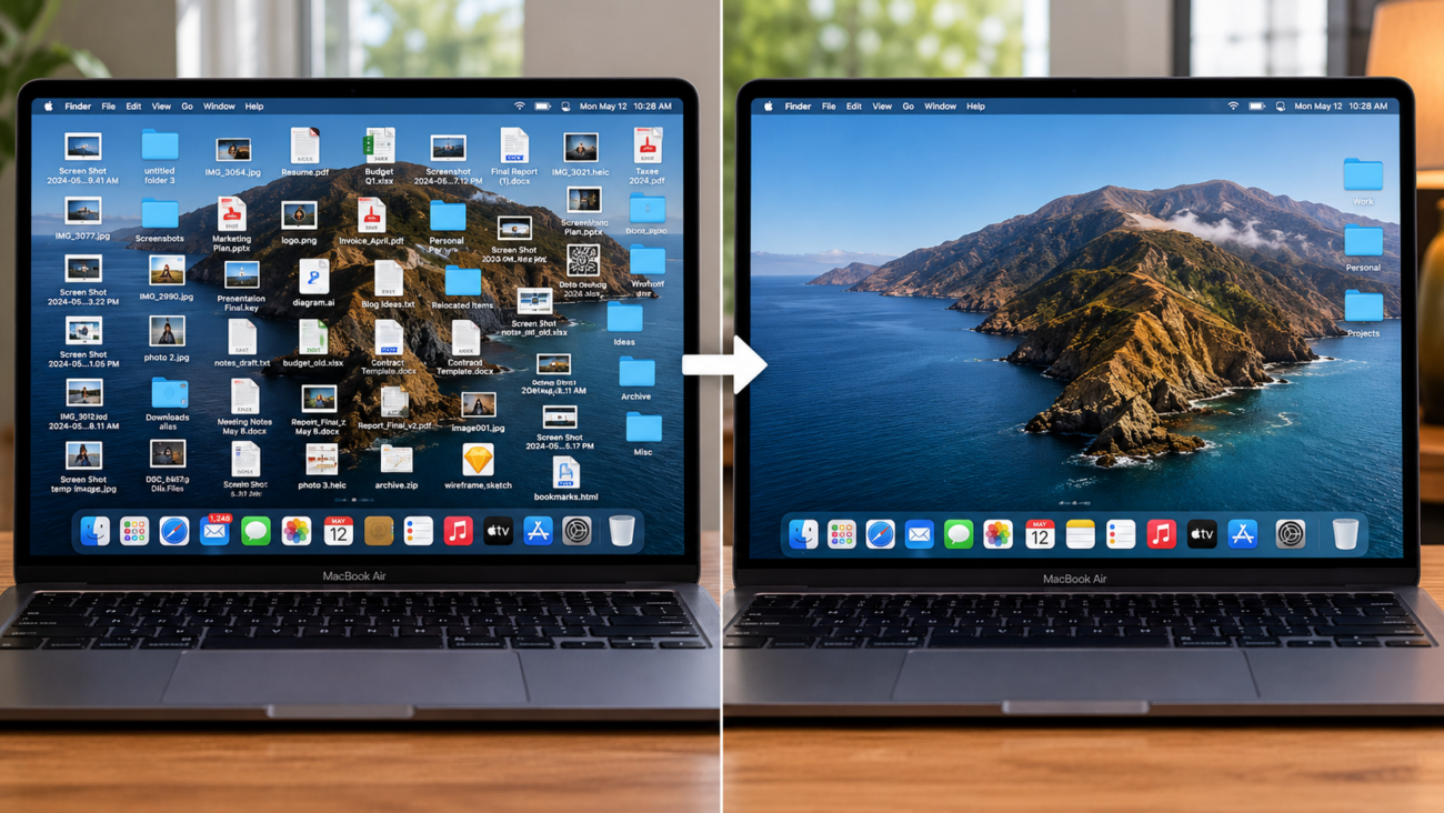 Side by side comparison of a cluttered Mac desktop versus a clean organized Mac desktop