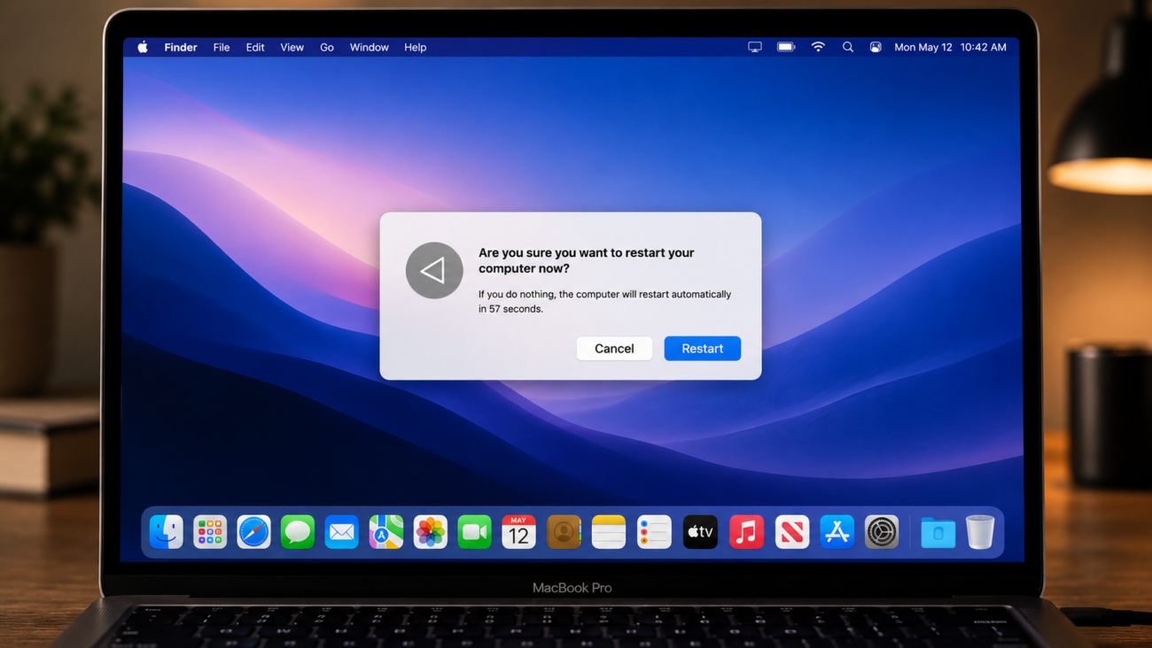 MacBook screen showing macOS Restart confirmation dialog box with blue Restart button