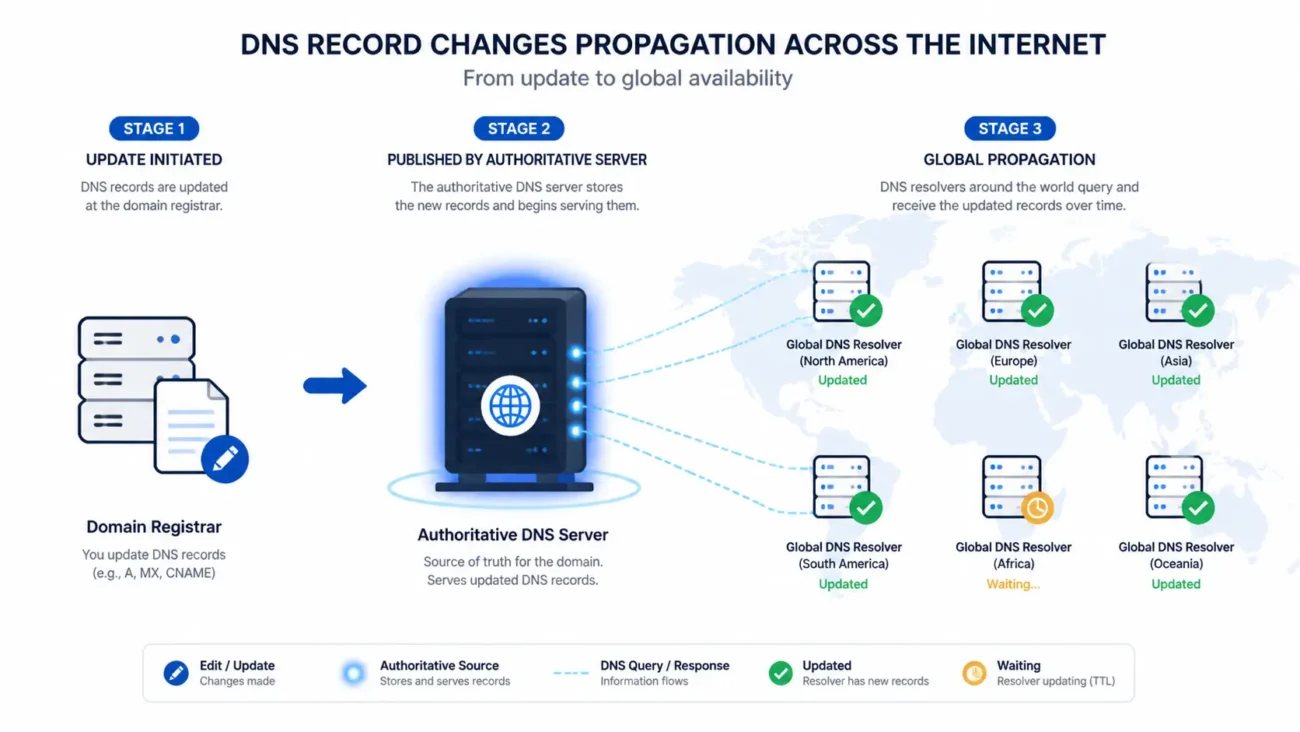 Diagram showing how DNS record changes propagate from a domain registrar through authoritative servers to global DNS resolvers