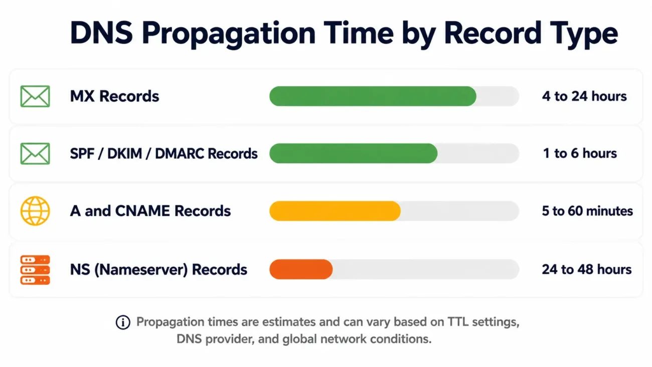 Infographic showing DNS propagation times for MX, SPF, DKIM, DMARC, A, CNAME, and NS record type