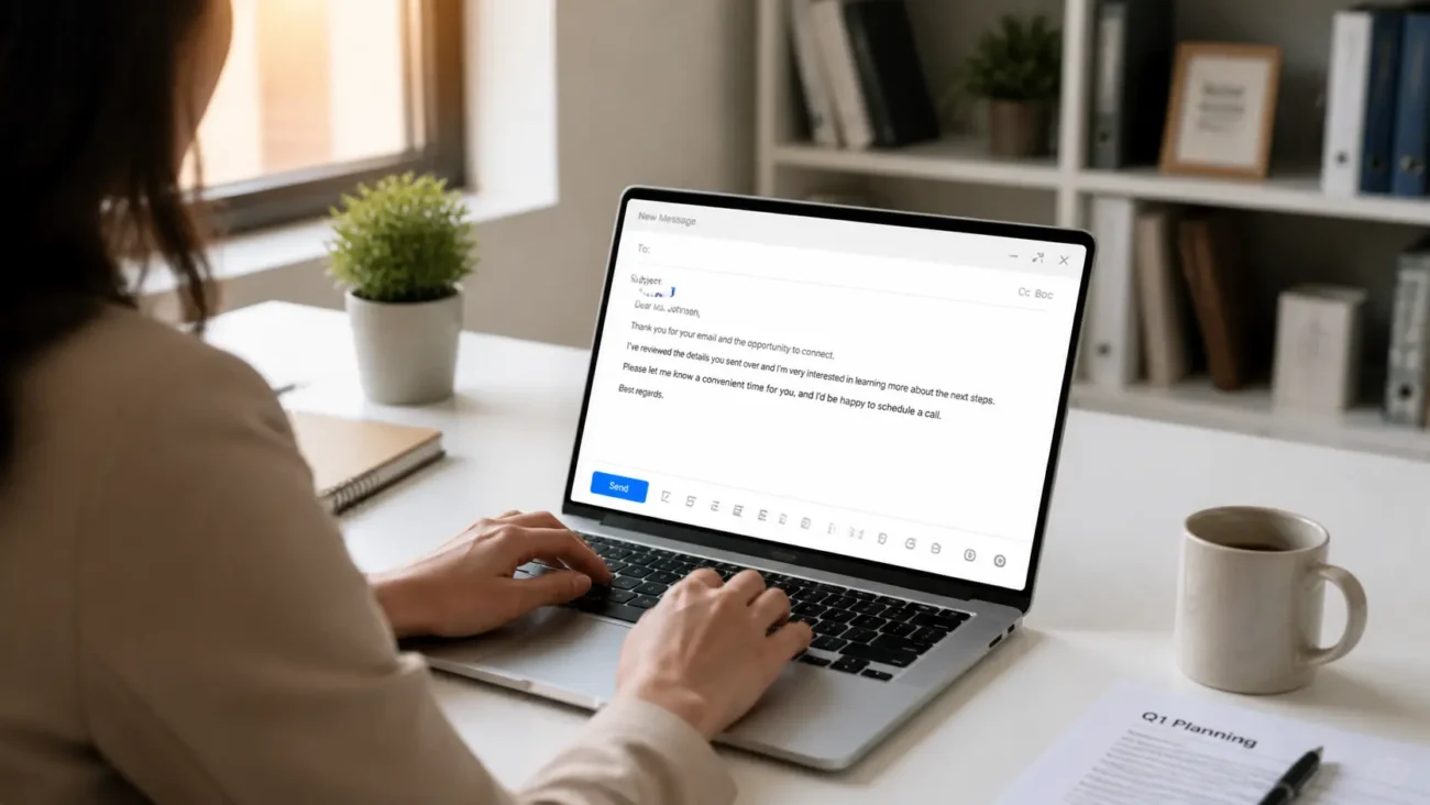 Professional woman writing best regards email sign off