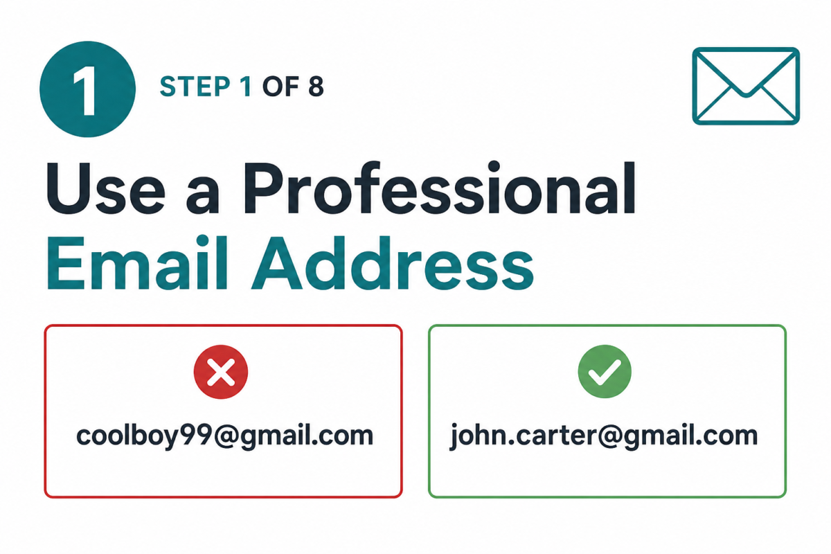 Infographic showing professional vs unprofessional email address format for job applications