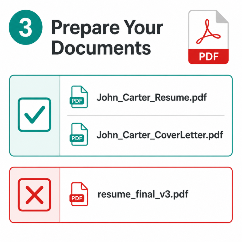Correct PDF file naming format for resume and cover letter attachments