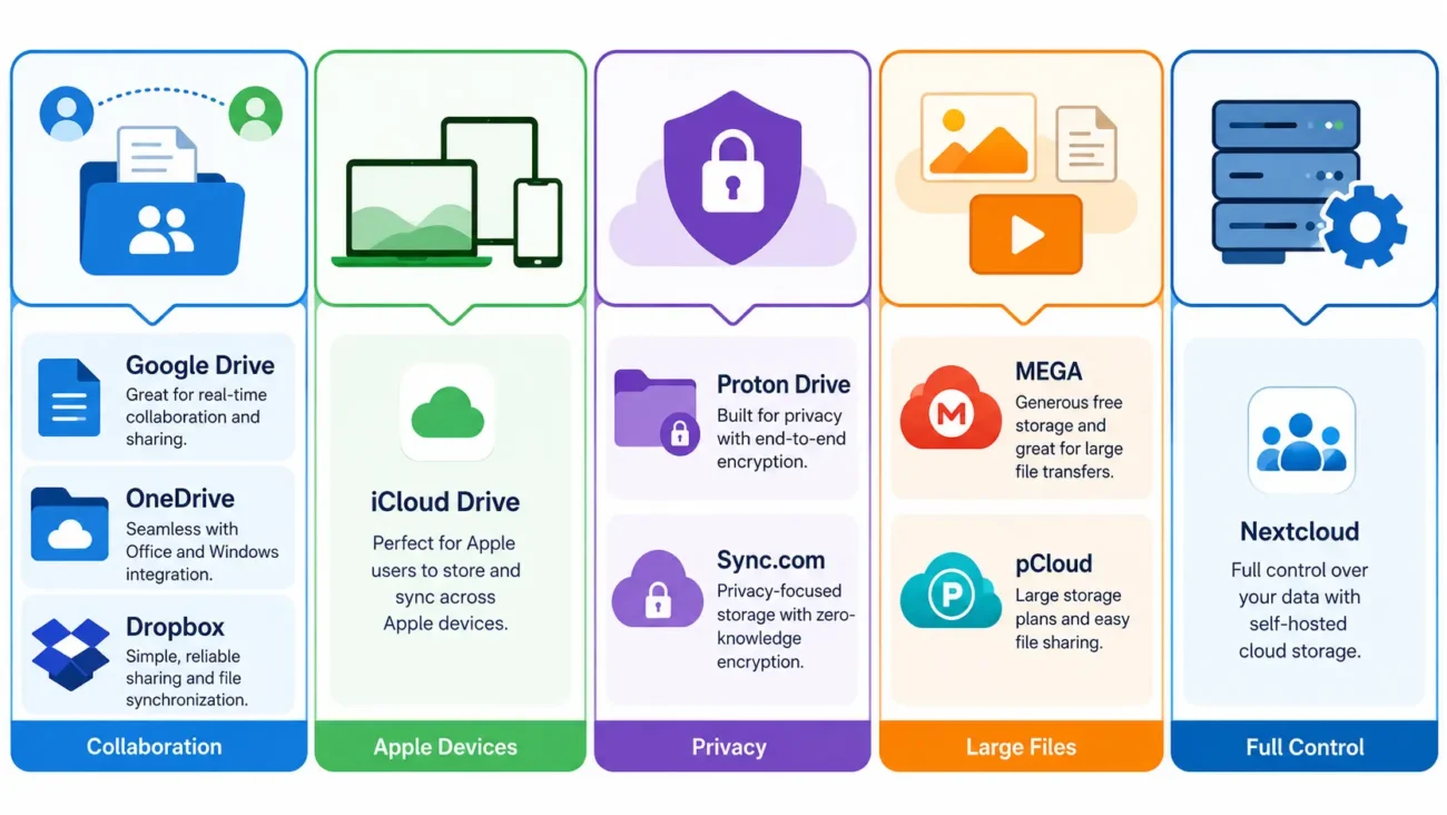 Comparison of cloud storage alternatives by privacy, collaboration, storage, and device needs