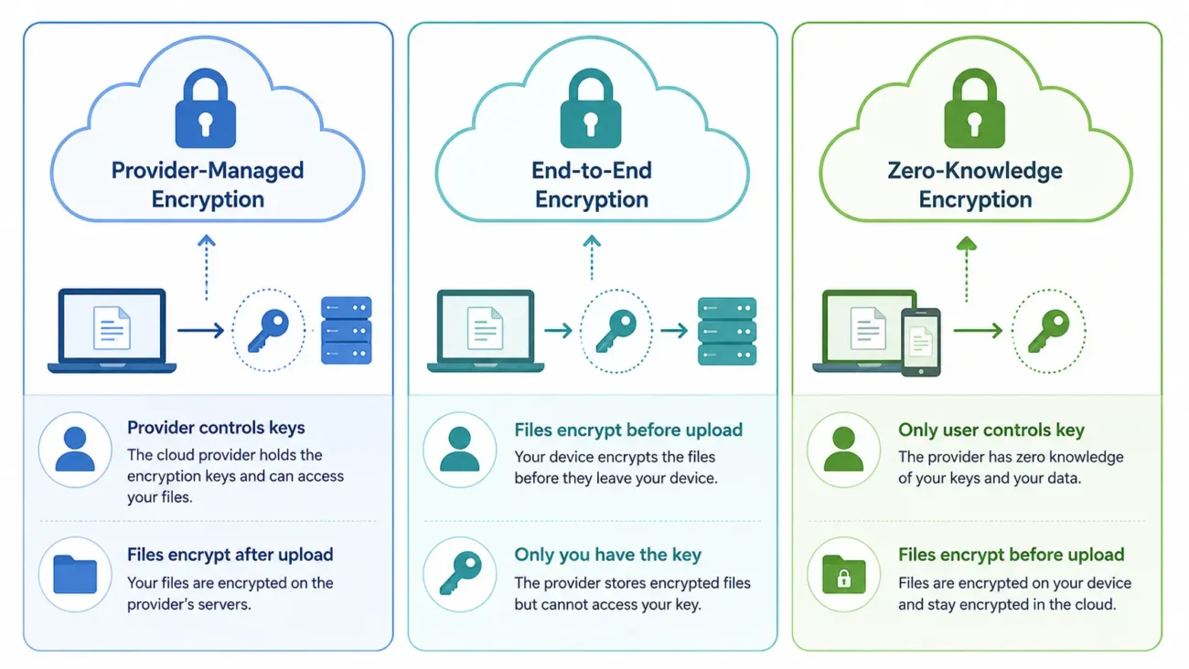 Provider-managed encryption compared with end-to-end and zero-knowledge cloud storage encryption
