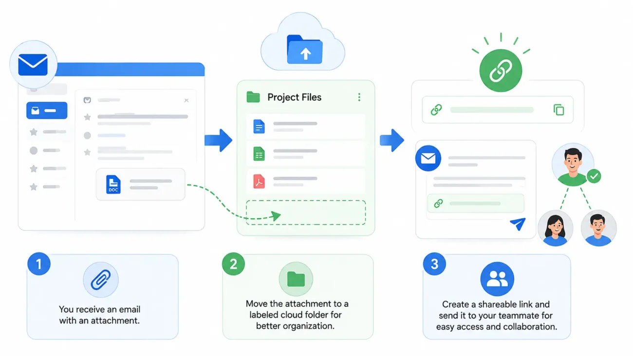Email attachment workflow showing files saved to cloud folders and shared by link