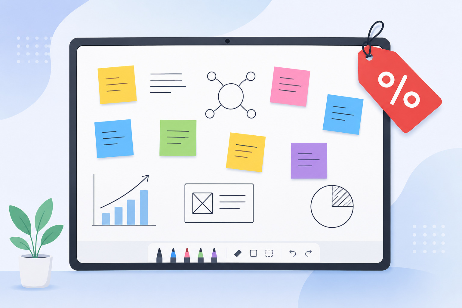 Digital whiteboard covered in sticky notes with a discount tag icon, representing a Miro Black Friday deal search